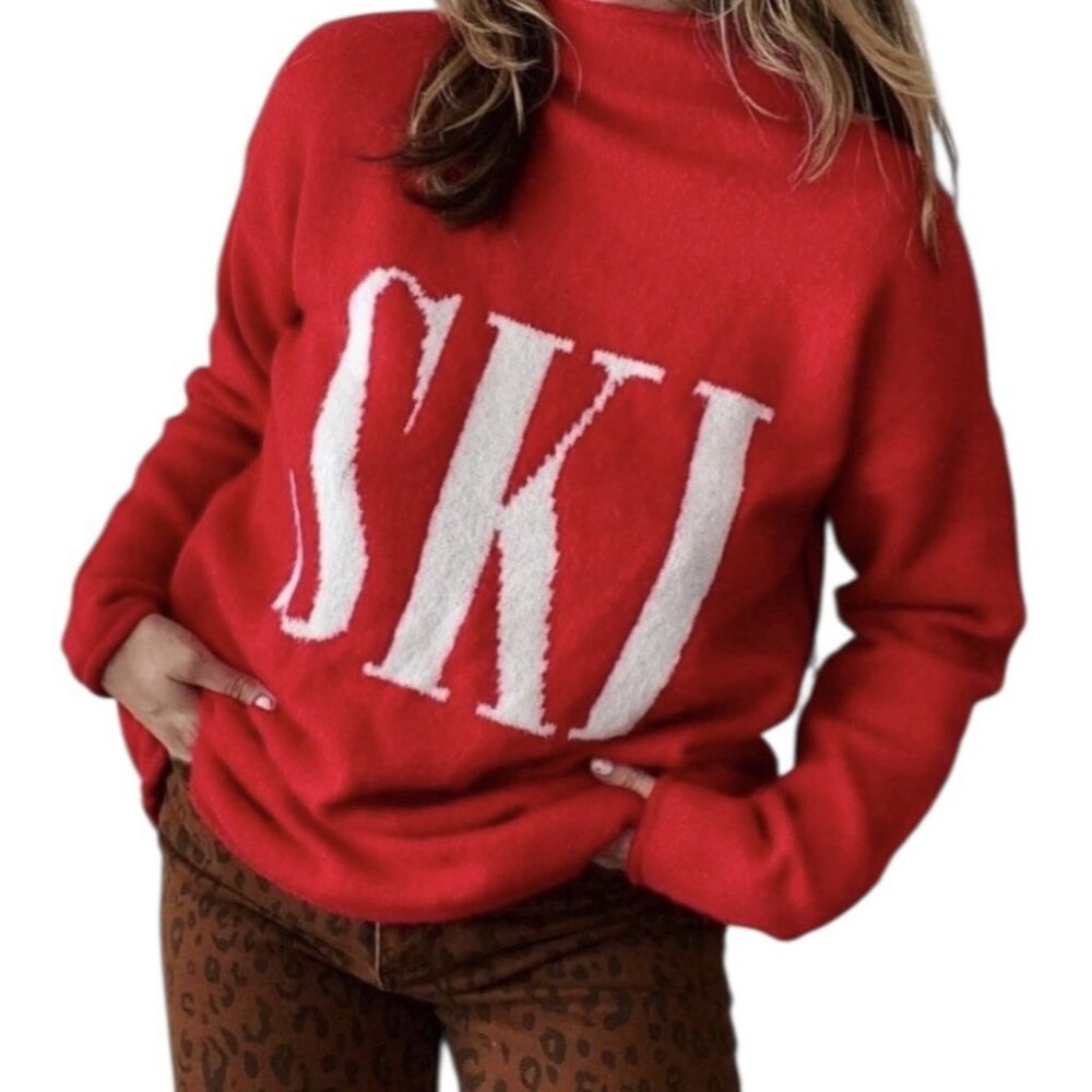 Cupcakes & Cashmere Women’s Red Ski Knit Sweater Medium Size Oversized Christmas - Picture 2 of 9